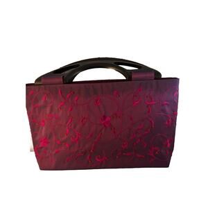 Purse Embroidered Taffeta Plum/ Red/ Wine Wood Handles made in Thailand 14x8x4+